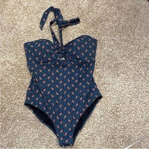 Boden Navy Blue One-Piece Swimsuit with Coral Dot Print